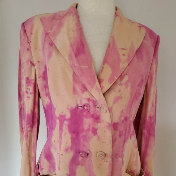 Vintage Gianni Versace silk blazer pink beige tan tie dye painted Med small 4 6